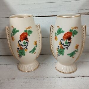 Vintage Floral Ceramic Vases Pair Hand Painted Gold Trim Mid Century Art Deco